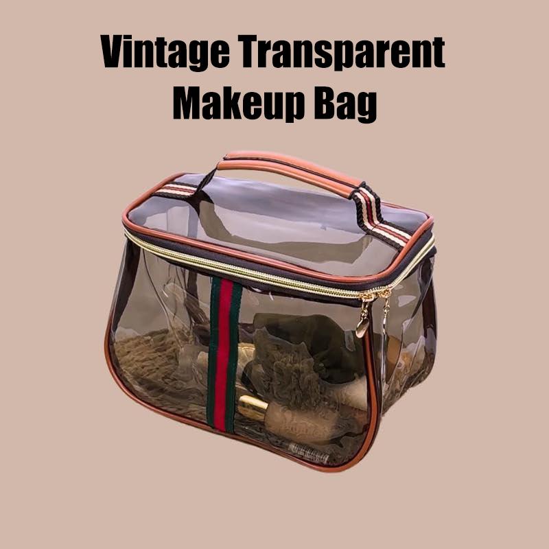 New Retro Vintage Vanity Bag, Makeup Bags Large Capacity Waterproof Transparent Toiletry Bag, Ladies Travle Storage Case, Clear Tote Bag with Zipper for Women (Brown)