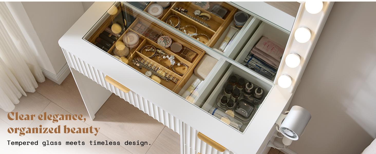 VanAcc 36.2/47.2" Fluted Vanity Desk with Mirror and Adjustable LED Lights, Large 4/7 Drawers Makeup Table with Glass Top and Charging Station for Women and Girls, Bedroom or Dorm