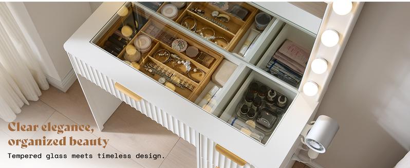 VanAcc 36.2/47.2" Fluted Vanity Desk with Mirror and Adjustable LED Lights, Large 4/7 Drawers Makeup Table with Glass Top and Charging Station for Women and Girls, Bedroom or Dorm