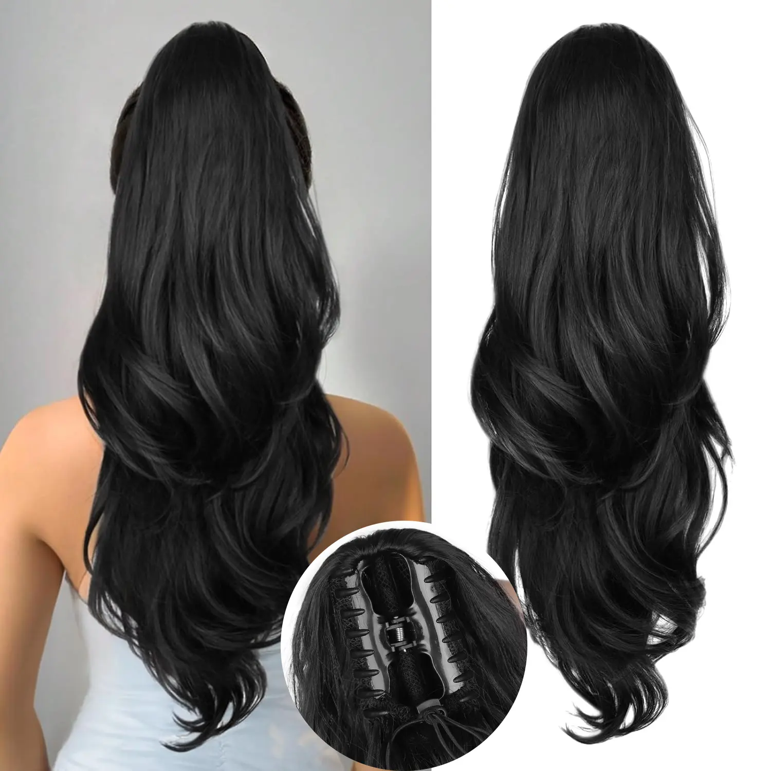 Claw Ponytail Extension, 26Inch Claw Clip in Ponytail Extension for Women Long Black Wavy Layered Pony Tails Hair Extensions Synthetic Clip in Ponytail Hairpiece for Women Daily Party Use