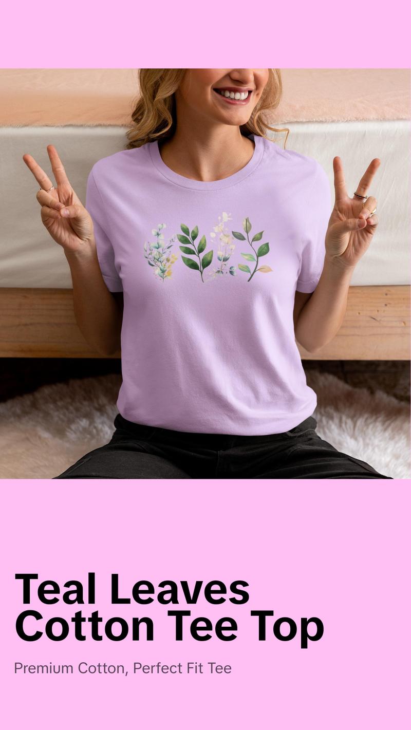 Teal and Green Leaves Tee Design on Premium Bella + Canvas Unisex Cotton Fit Top Fabric Womenswear Women Underwear Lady