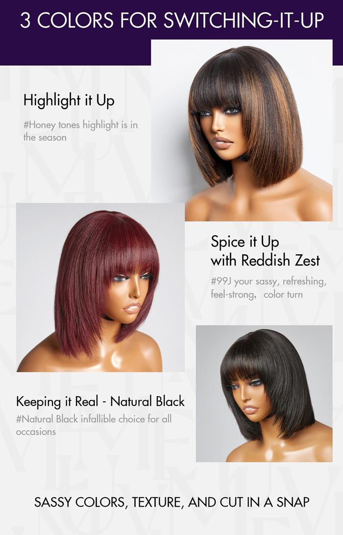 Exclusive Sale | Put On and Go Reddish Purple / Brown Highlight / Natural Black Layered Cut Yaki Straight Minimalist Lace Bob Wig with Bangs