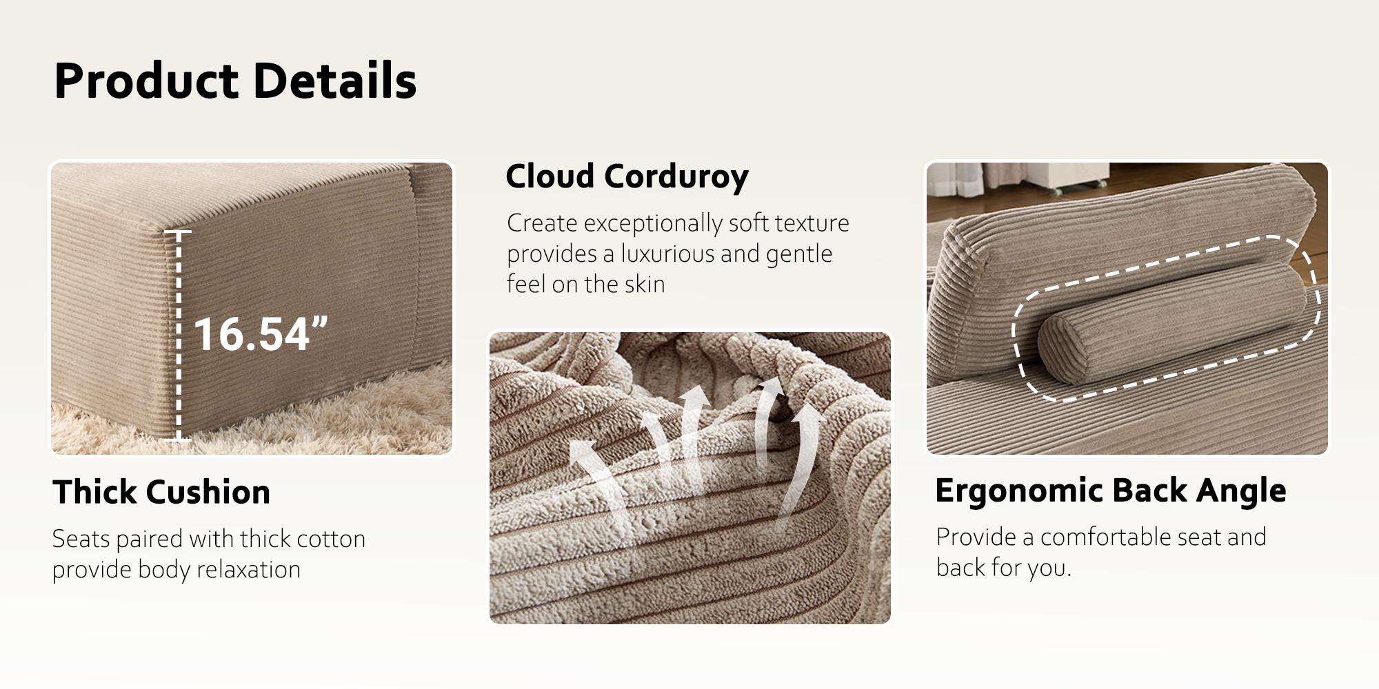 【StockUp Sale】Ovios 67'' Boneless Chaise Lounge Chair with Cup Holders, Oversized Upholstered Sofa Bed, Sleeper Couch Reading Chairs Fluffy Plush Corduroy Cloud Sofas Couches Living Room - No Assembly Required