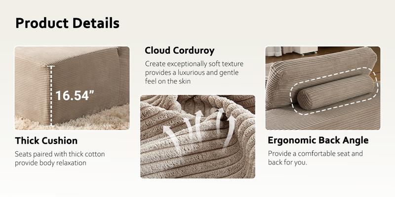 【Jumpstart Sale】Ovios 67'' Boneless Chaise Lounge Chair with Cup Holders, Oversized Upholstered Sofa Bed, Sleeper Couch Reading Chairs Fluffy Plush Corduroy Cloud Sofas Couches Living Room - No Assembly Required