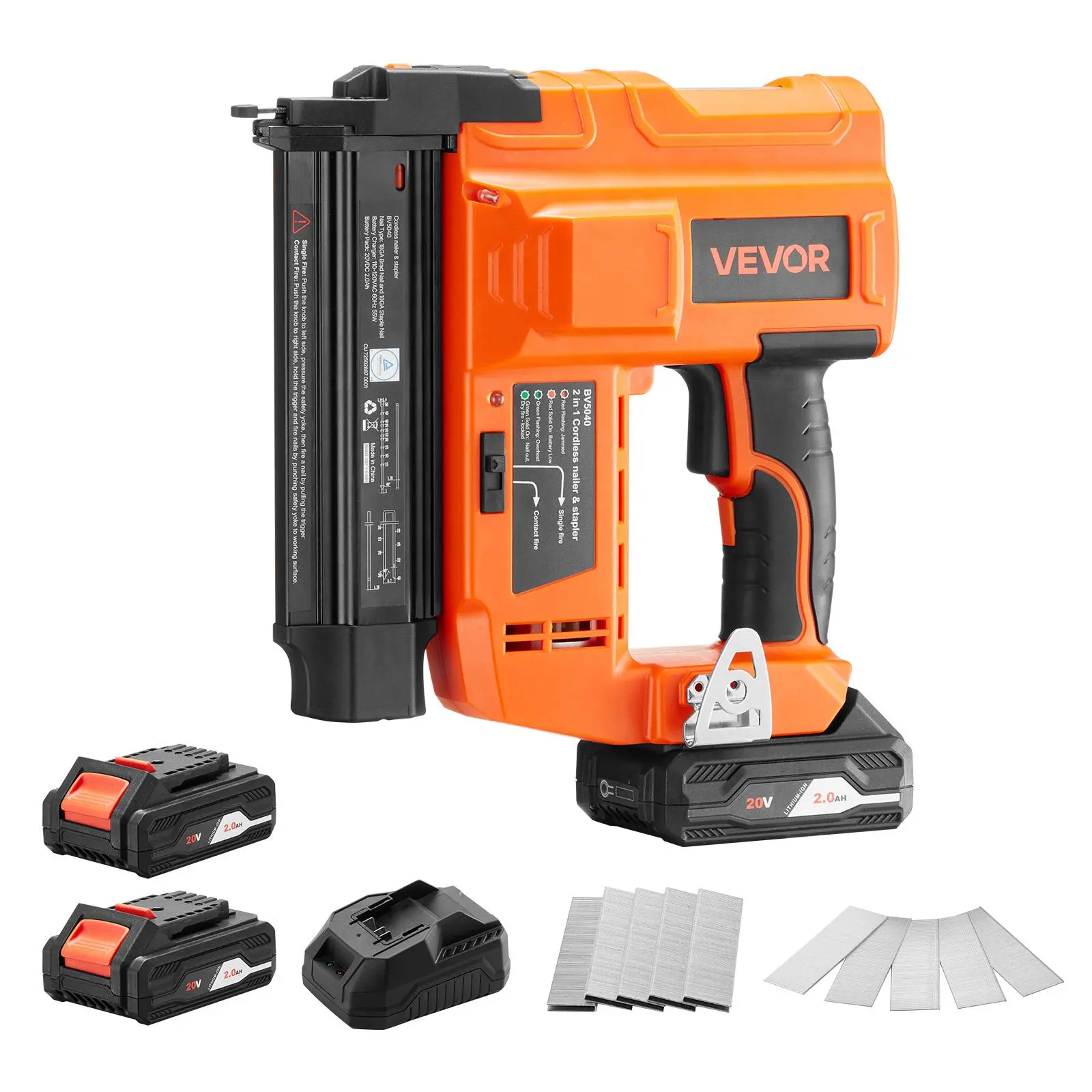 VEVOR Cordless Brad Nailer, 2-in-1 18 Gauge 20V Lithium-Ion Nail & Staple Gun with Tool-Free Depth Adjustment, 2 Firing Modes, Quick Jam Release, 500 Nails, 0.6-1.6in Staples, 2x2.0Ah Batteries, Charger for Home Improvement, Woodworking