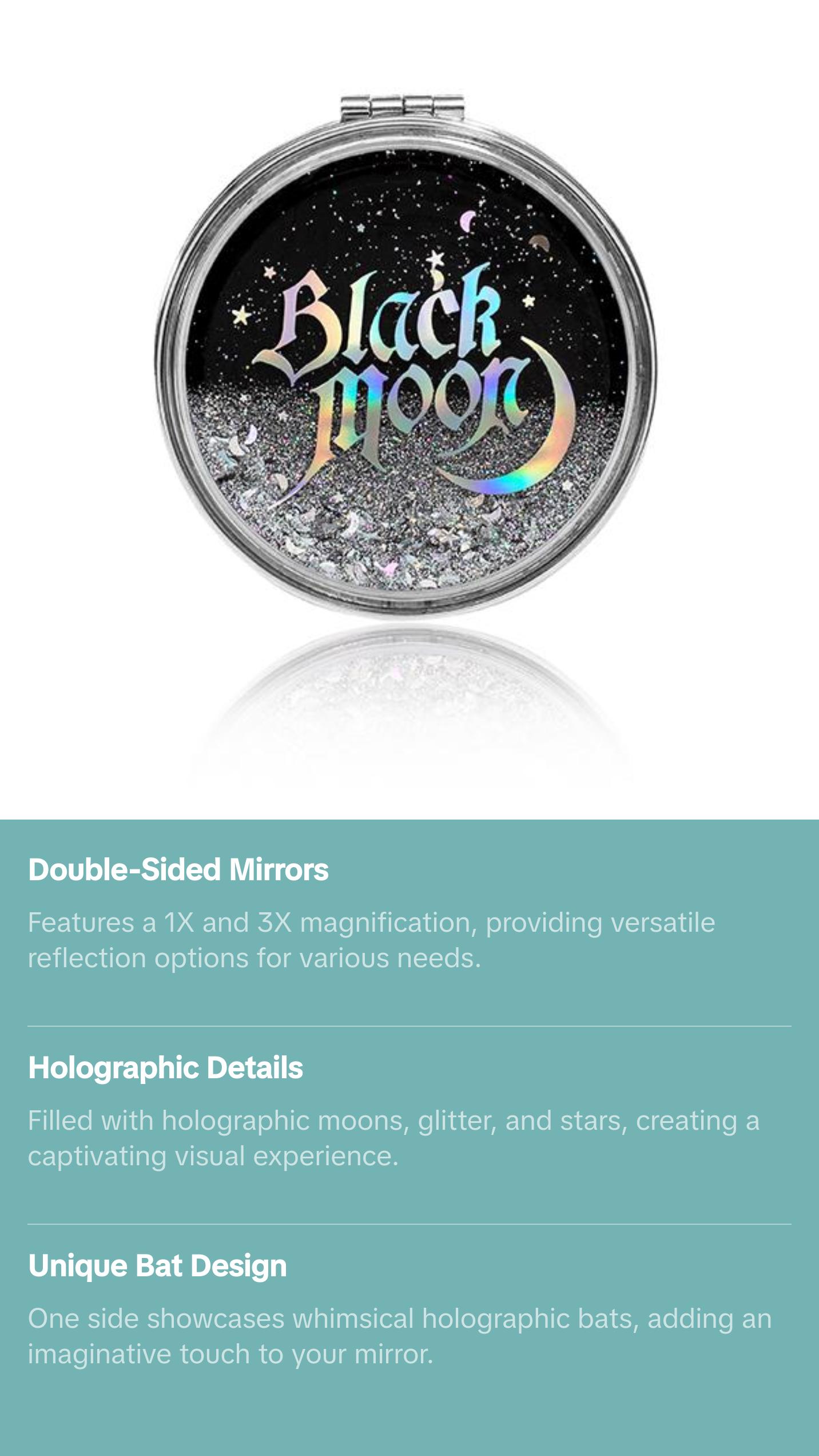 Black Moon Compact Mirror Holographic Moons and Stars Glitter 90's Nostalgia