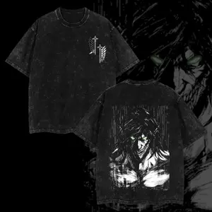 [Universe] Eren Yeager Titan Edition Double Printed Oversize Lightweight Acid Washed Tee Anime Mange Vintage Design Top Cotton Anime Classic Streetwear T-Shirt Clothes Menswear Womenswear.