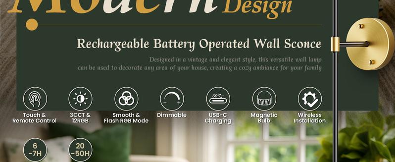 【Christmas Gift】Mid-Century Modern Battery Operated Wall Sconces Set of 2 Black Gold Wireless Lights with Rechargeable Magnetic Bulbs Remote Dimmable 15 RGB Colors for Bedroom Living Room Hallway Decor