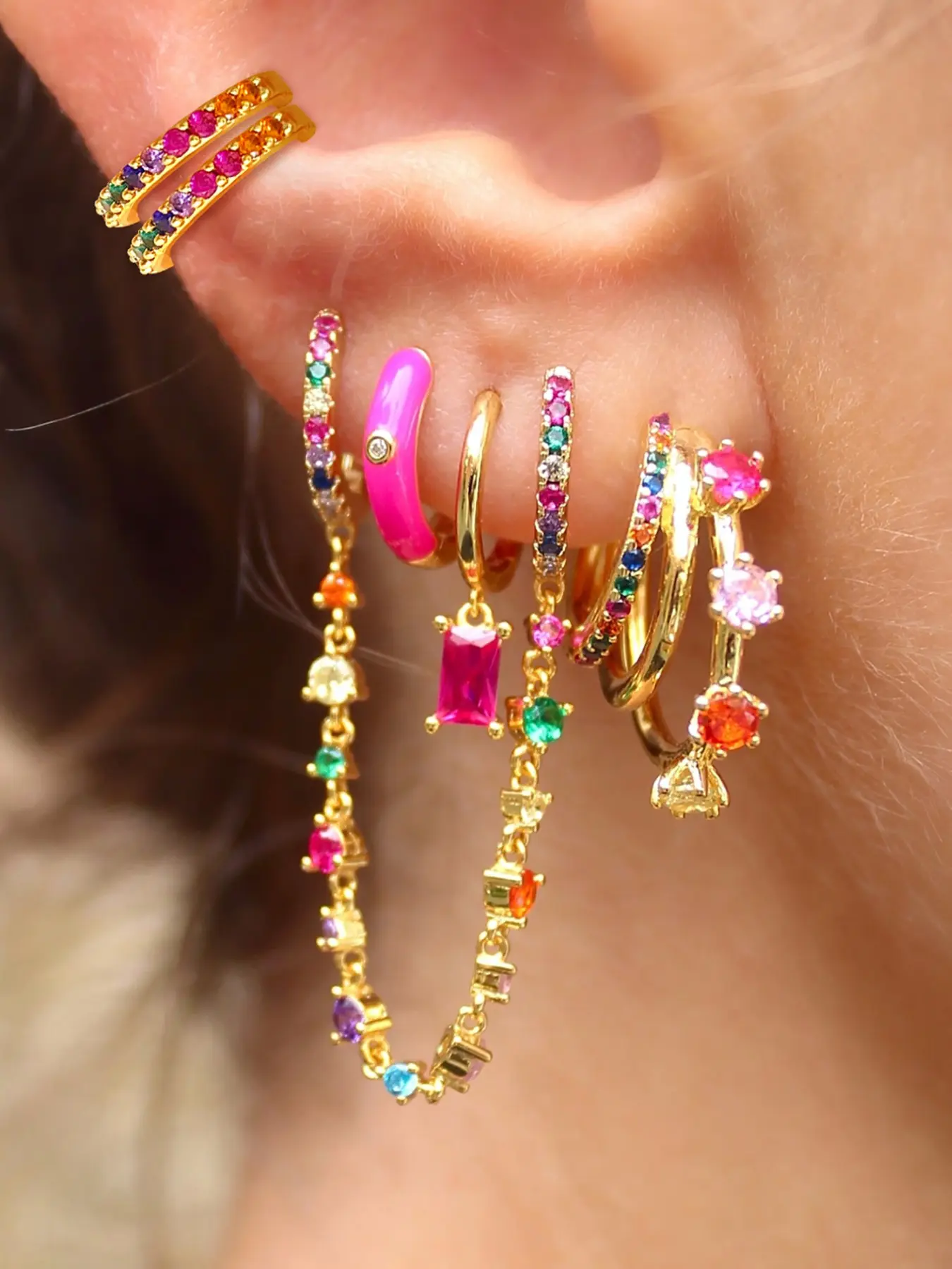 6 Pcs Luxury 24K Gold Plated Cubic Zirconia Multicolor Cuffs Earrings Set For Women Colorful Zircon Chain Hoop Earrings Pack Hypoallergenic Drop Dangle Earrings Stack Fashion Jewelry Gift Stackable Earrings