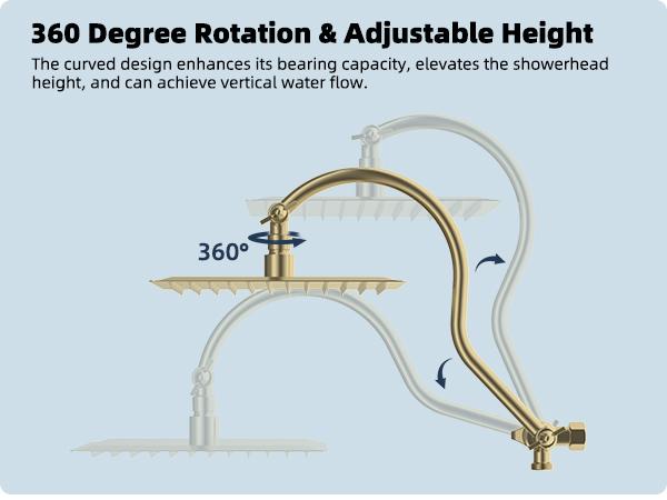 Hibbent All Metal High Pressure Rainfall Shower Combo/Handheld Showerhead Combo with 12'' Adjustable Curved Shower Extension Arm, 10-Spray, 71'' Hose, Showerhead Holder, Brushed Gold
