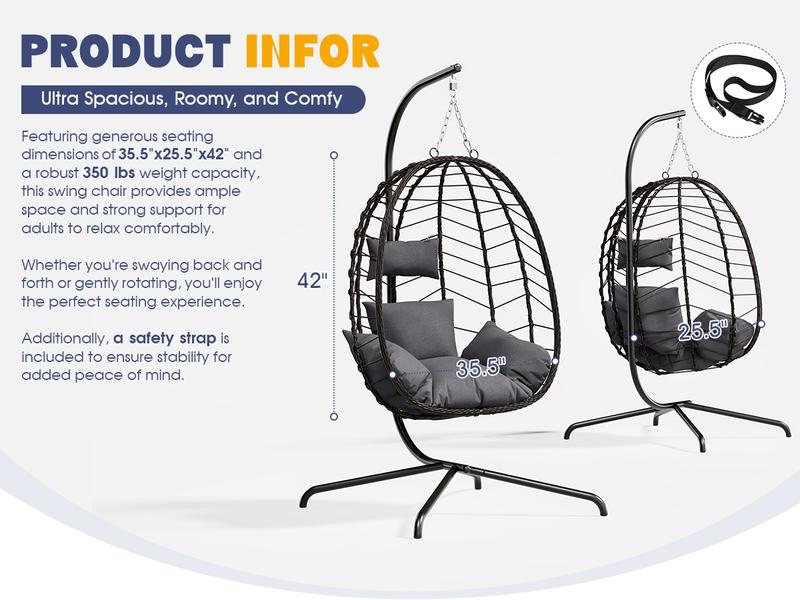 Patio Swing Egg Hanging Chair with Stand, Foldable Wicker Rattan Chair with Cushion, Pillow Holder for Indoor Outdoor Patio Garden Balcony