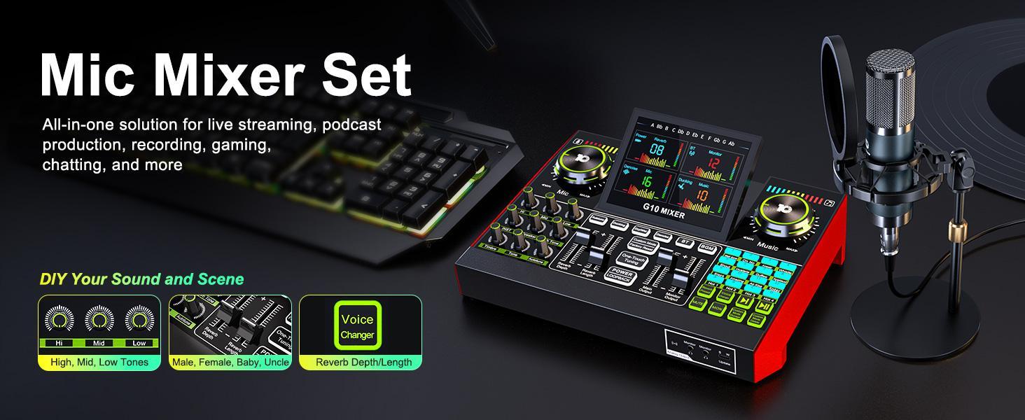 Tenlamp G10-P15 Sound Card with Cantilever Stand, Custom Sound Effects, Condenser Microphone, for Live Streaming, Gaming, Singing and Podcasting, 2-Stage Noise Cancellation, and Computer Audio Mixing