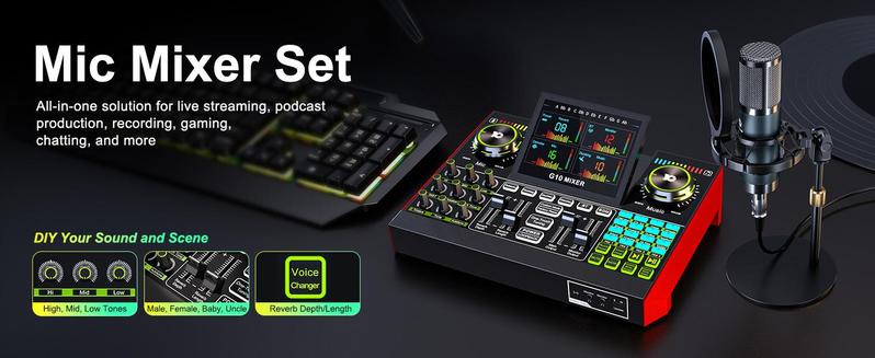 Tenlamp G10-P15 Sound Card with Cantilever Stand, Custom Sound Effects, Condenser Microphone, for Live Streaming, Gaming, Singing and Podcasting, 2-Stage Noise Cancellation, and Computer Audio Mixing