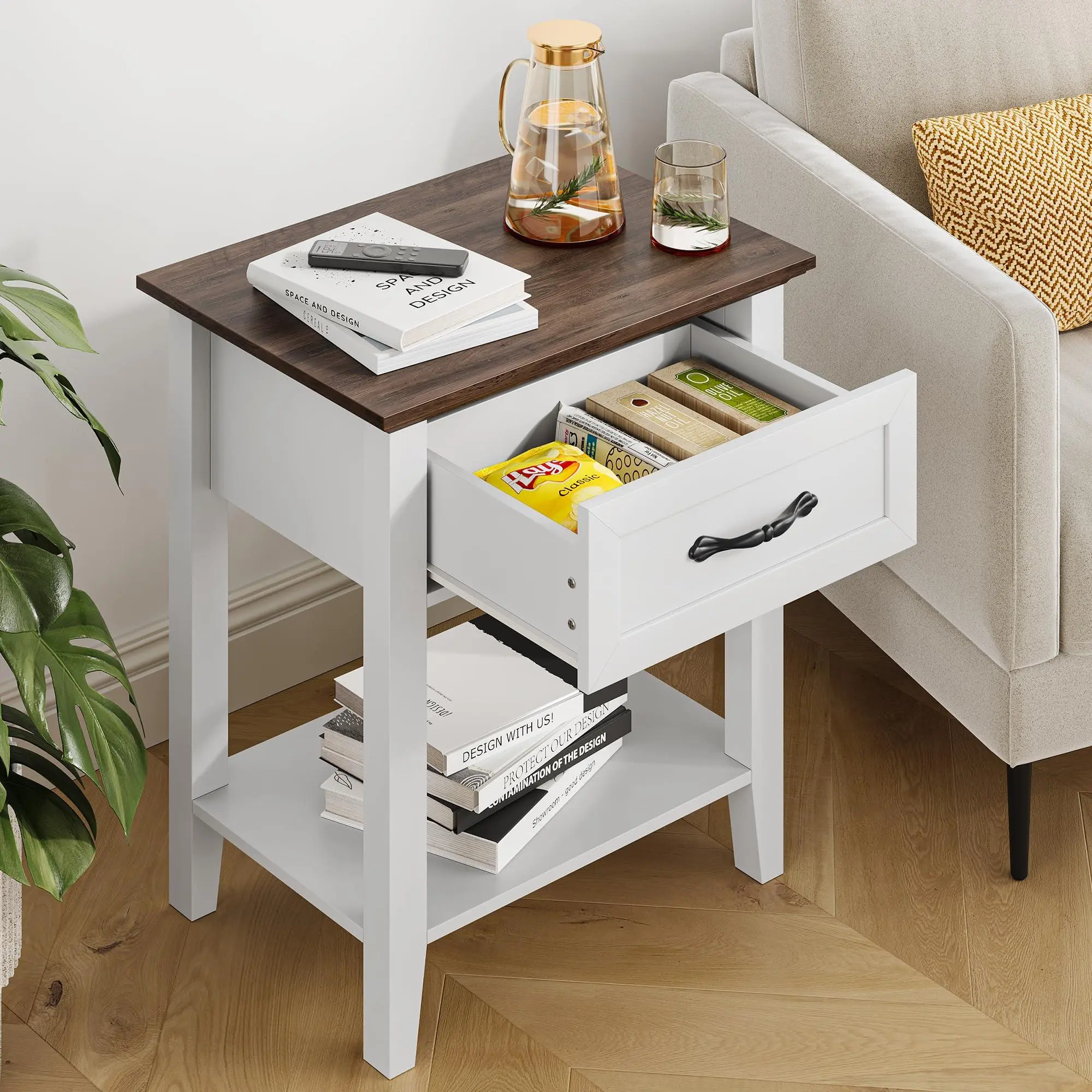 White Nightstand with Drawer and 2-Tier Storage Shelves | Bedside Table & End Table for Bedroom, Living Room, Dorm | Side Table with Storage for Small Spaces
