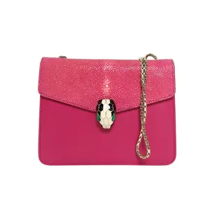 Pre-owned Bvlgari leather Tote Bags Serpenti Forever Chain Snake Head Bag Square Design 20 Rose Red C / Fish Skin C Fish Skin