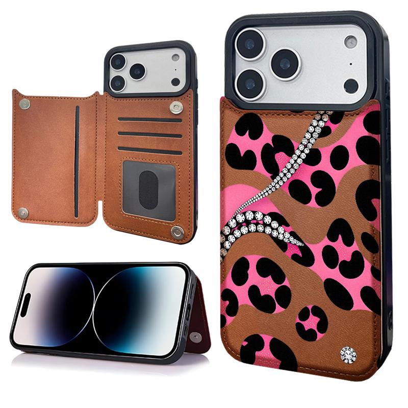 Diamond leopard print Pattern Phone Cases Compatible For With iphone 17 16 15 14 13 12 PRO PLUS MAX AIR PU Black Brown Pink Durable Flip High quality Leather Credit Card Bag Holder Mother Gift Wallet Shockproof Anti-Drop Full Protection Shell Cover