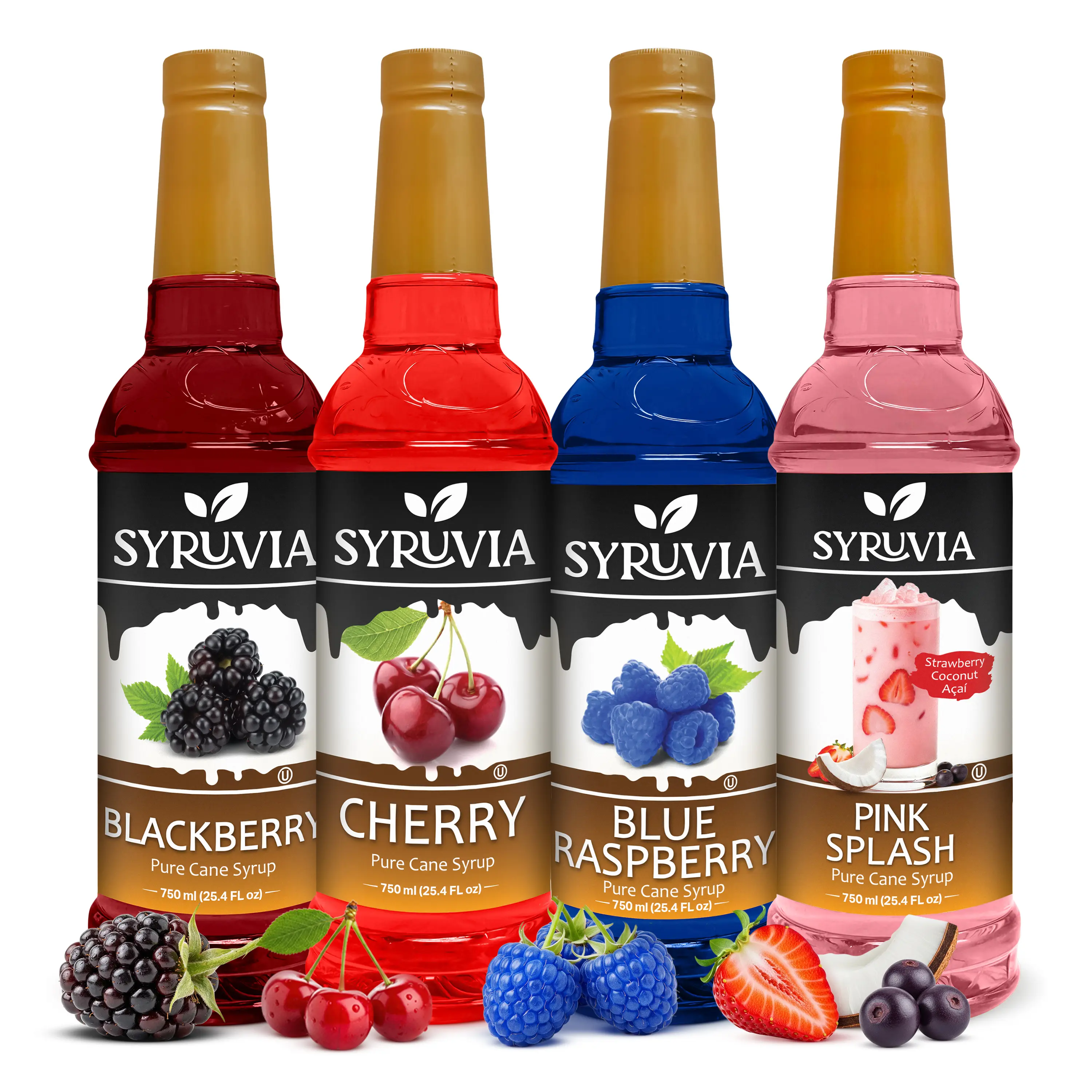 Syruvia Fruity Collection, Variety Pack – Blackberry, Cherry, Blue Raspberry & Pink Splash Flavored Syrup – Great for Lemonades, Soda, Dessert & More – 25.4 Fl oz Bottles (4 Pack)