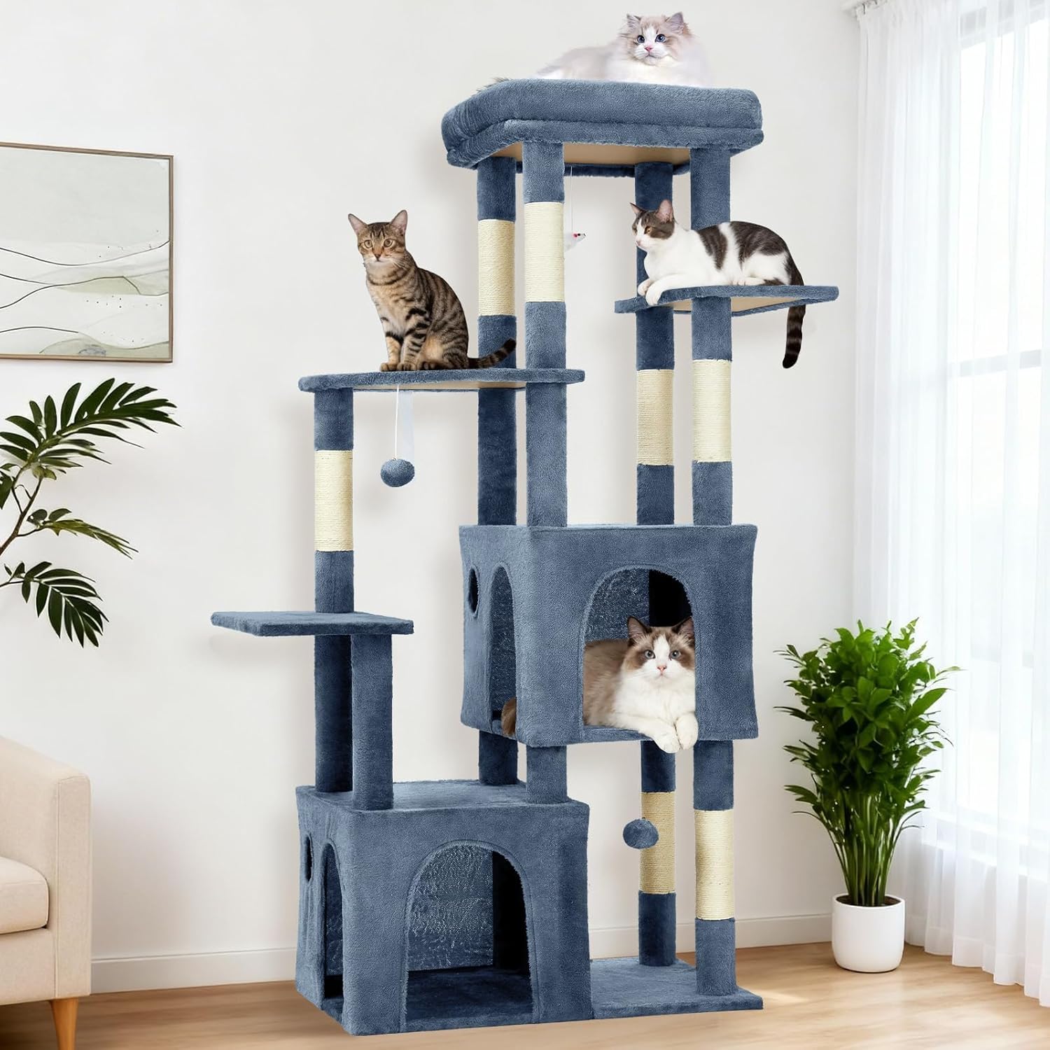 61" Large Cat Tree Tower for Indoor Cats, Heavy-Duty Multi-Level Cat Condo for Maine Coon & Big Cats with Extra-Large Perch, 2 Spacious Houses, Sisal Scratching Posts & Hanging Toys