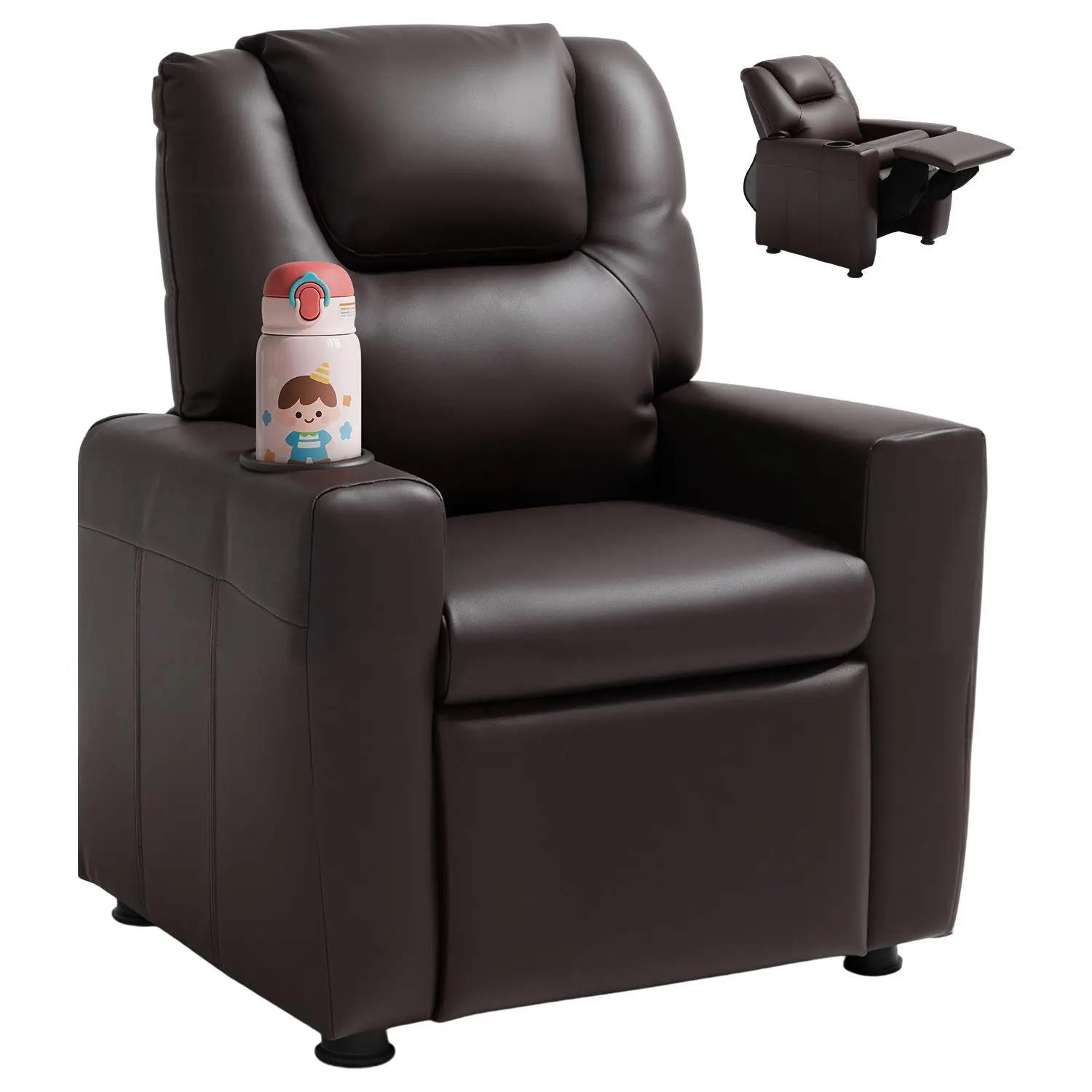 【SummerFinds】VEVOR Kids Reclining Chair,  , Toddler Recliner with Cup Holder, 101° to 121° Adjustable Backrest, Easy-to-Clean PU Leather Recliner Couch with Footrest, 90 lbs Load, for Boys & Girls, Children (Brown)