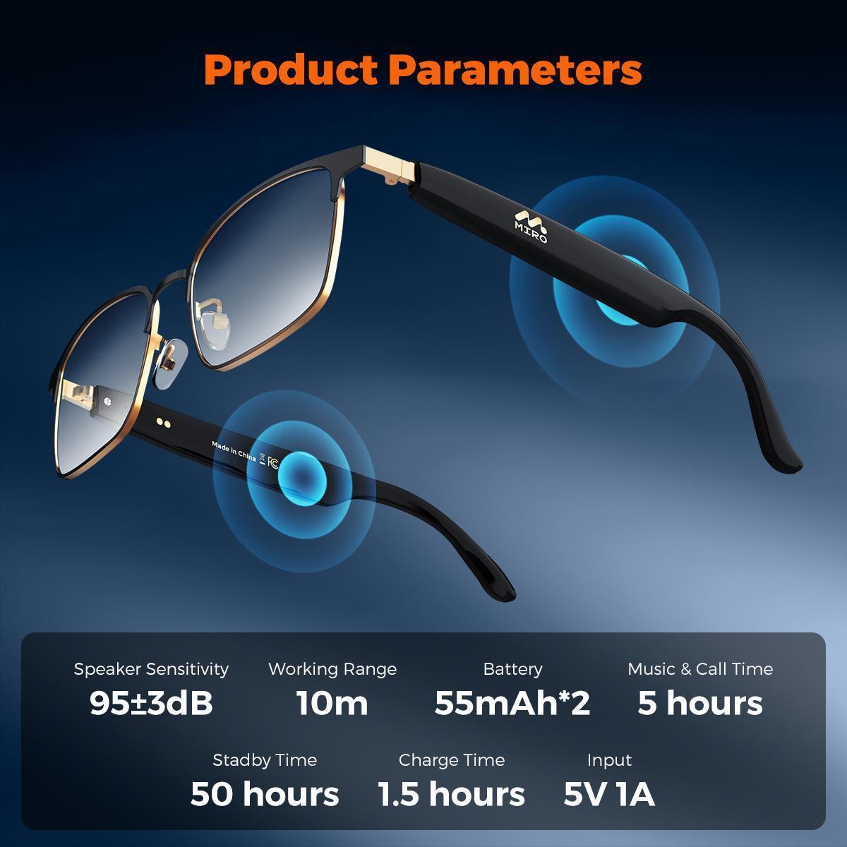 【W5】(Lifetime FREE Membership) MIRO Smart Audio Glasses – 10-Hour Battery, Blue Light Filter, Stereo Audio – Wireless Wearable Headphones for Meetings, Work, Travel & Daily Entertainment, Ideal Gift for Professionals & Tech Lovers