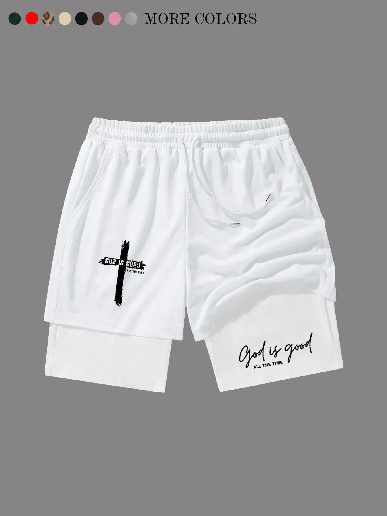 "God Is Good" Letter & Cross Print Drawstring Waist 2-in-1 Shorts, Multifunctional Graphic Shorts, Pocket Design Shorts, Casual Fit Shorts, Activewear