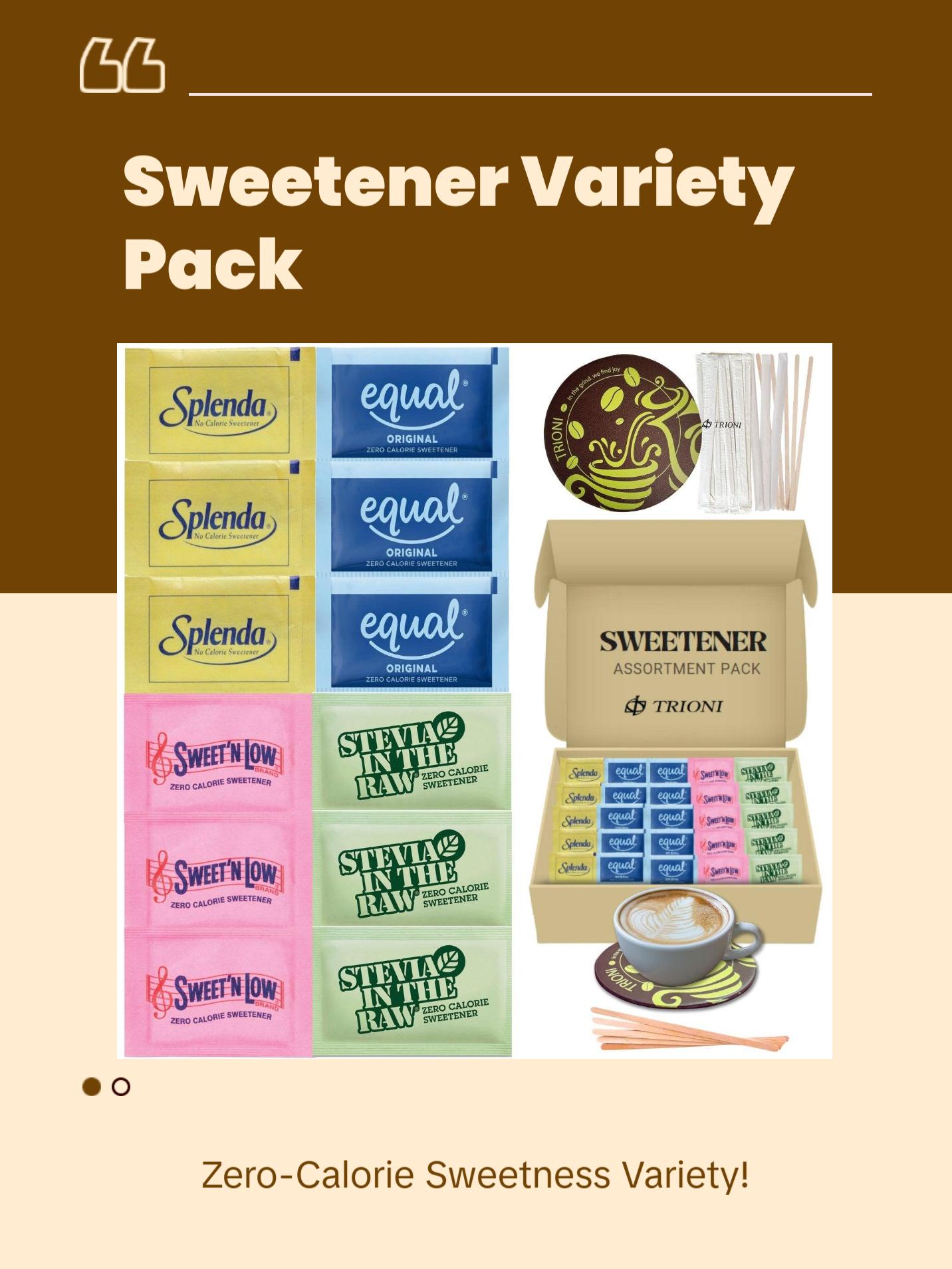 TRIONI Sweetener Assortment Pack - Stevia, Aspartame, Saccharin, and Sucralose with Stirrers and Coaster
