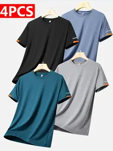 Pack of 4 crew-neck printed T-shirts for men, casual athletic short sleeves, breathable stretchy fabric, suitable for summer wear
