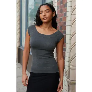 John Galt Women's Gray Knit Ginny Off-The-Shoulder Top