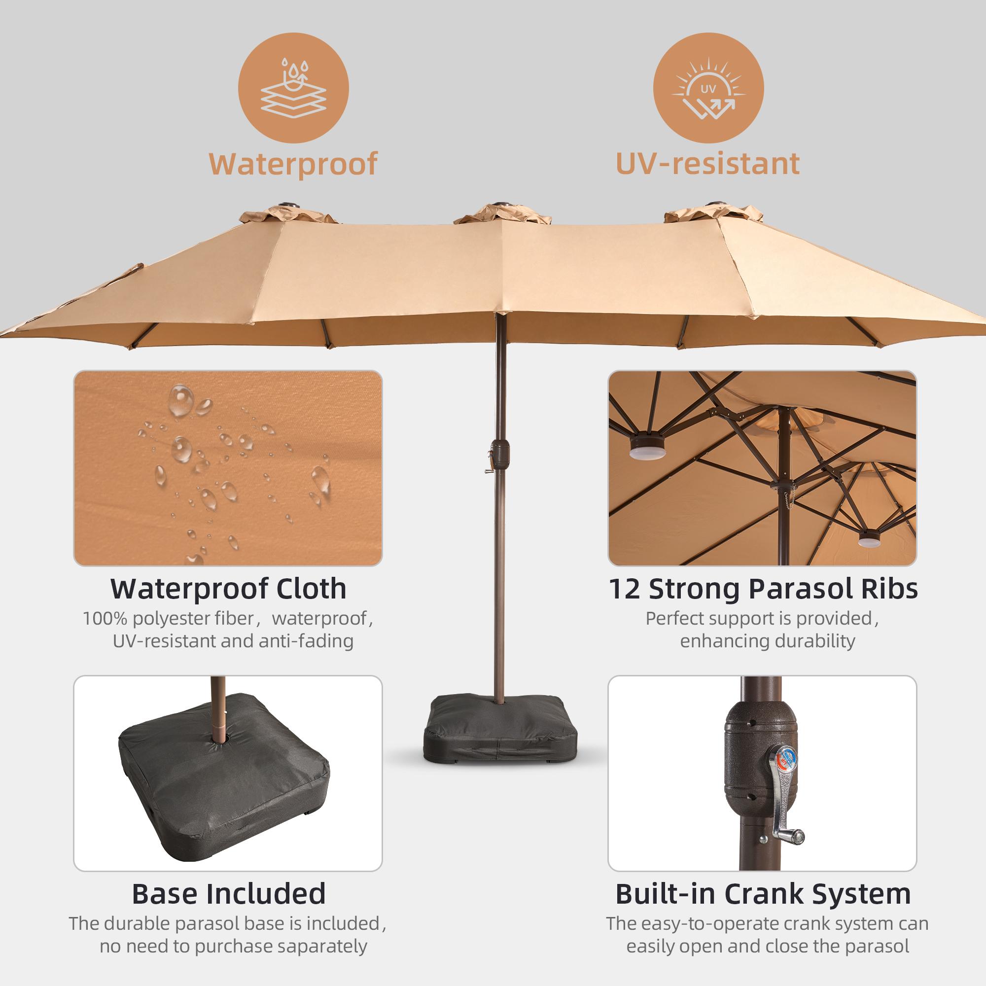 HOOOWOOO 15FT Large Double-Sided Patio Umbrella with Solar Led lights & Base Waterproof Durable Adjustable Lighted for Garden Deck Backyard Pool Beach Canopy Shade