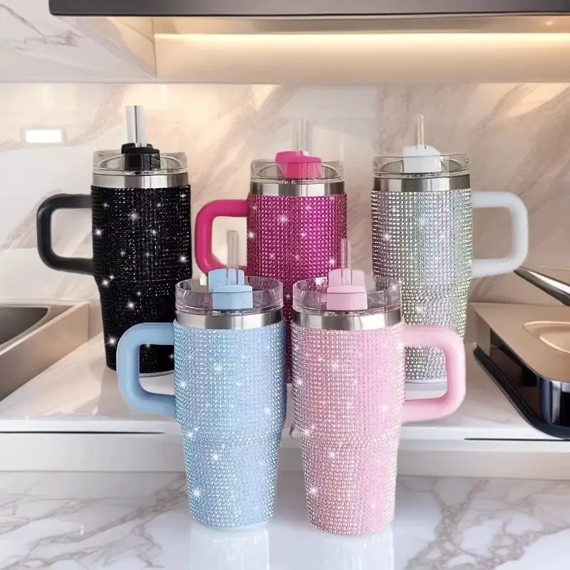 14oz Sturdy Stylish Glam Bling Black Rhinestone Double-Wall Vacuum Insulated Stainless Steel Tumbler - Car Interior Stowing Drinkware with Silicone Straw, Leak-Proof Lid, Handle, Portable Lightweight (US Stock, Ideal Gift for School, Parties), Insulated V
