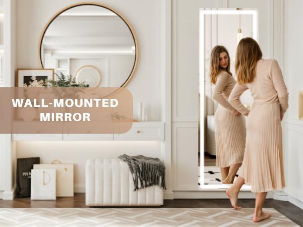 Mirror Full Length Standing with LED Lights, Floor Mirror with Stand, w/Dimming & 3 Color Lighting, Wall Mirror Aluminum Alloy Decor