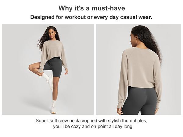 ODODOS Modal Soft Long Sleeve Cropped Sweatshirts with Thumb Hole for Women Crew Neck Pullover Crop Top