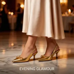 [FINAL CLEARANCE] Elegant Gold Pointed Toe Slingback Heels with Bow - Party Ready!