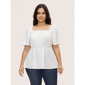 【Summer Turn-Up】【Neck-Lengthening】BlOOMCHIC Plus Size Square Neck Woven Raglan Sleeve Blouse [M-6X] 2026 Summer Pick for Mother's Day,summervibes