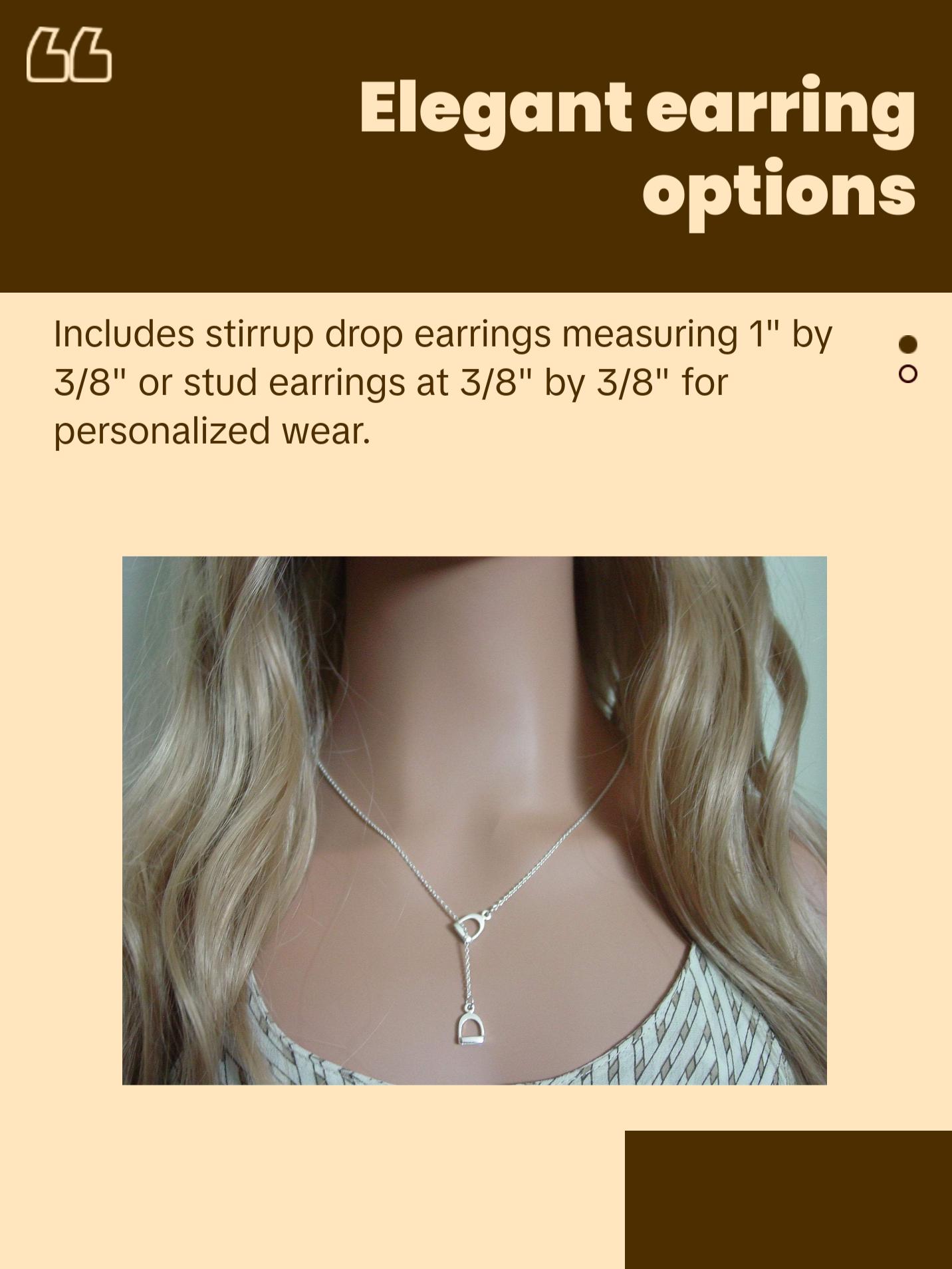 Set of Double Stirrup Horse Lariat Necklace and Stirrup Earrings Equestrian Jewelry #G318