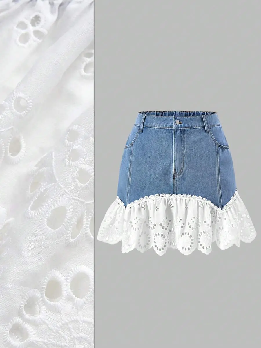 ELIEEN Plus Size Women Blue Denim Mini Skirt with White Embroidered Eyelet Ruffle Hem Cute Summer Everyday Casual Patchwork Hollow Out Skirts