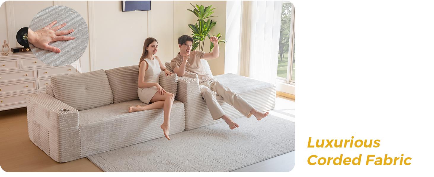 【2 Package Shipping】MAXYOYO 104" Plush Corduroy Cloud Velvet Modular Sectional Couch with L-Shape Chaise, No Assembly Required - Modern Boneless Couch for Living Room, Sofa in A Box, Oversized Sofa Sleeper with Deep Seat