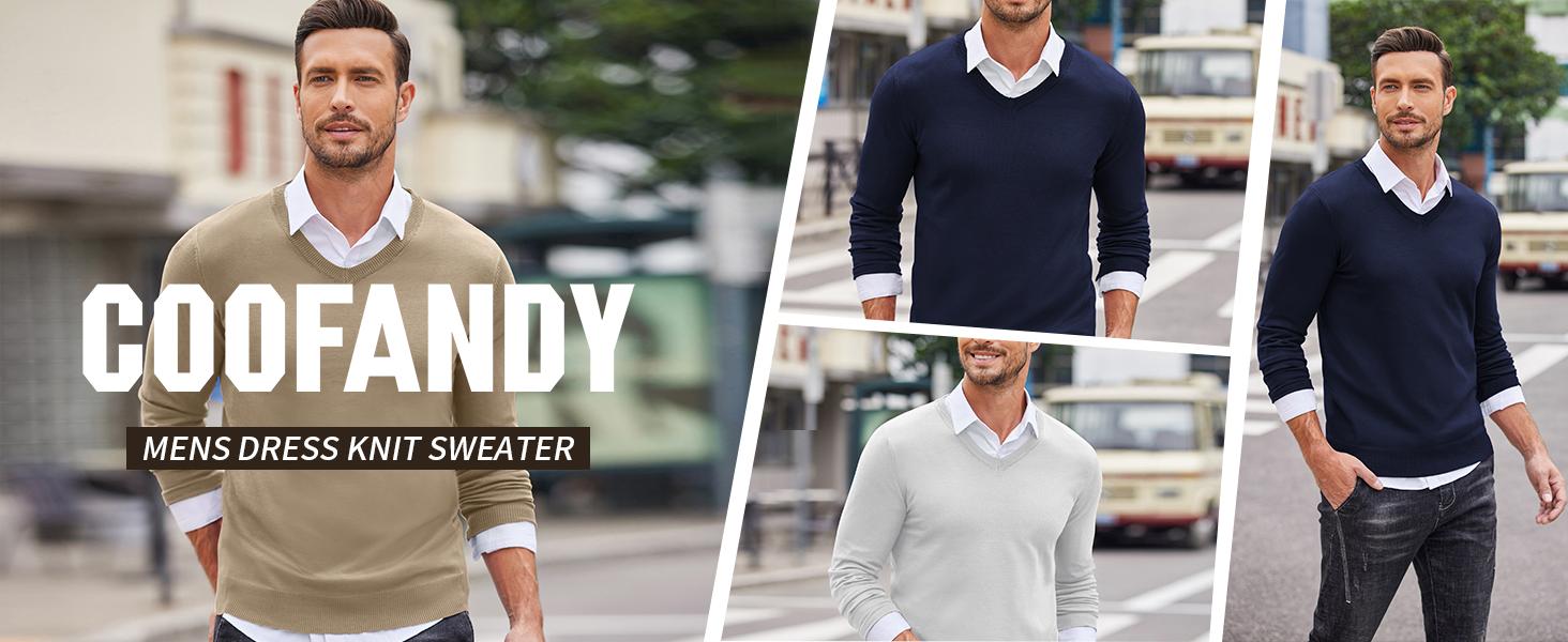 COOFANDY Fall Outfits Knitted Ribbed V-neck Casual Jumper Knitwear Classic Fabric Lightweight Fashion Menswear Shirt Soft Sweater Office（Only the crew neck sweater is for sale）