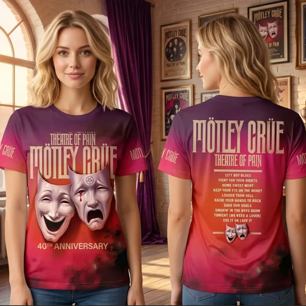 Mötley Crüe Theatre of Pain Unisex 3D Shirt, 40th Anniversary Purple Red Gradient Design with Masks, Perfect Gift for Rock Music Fans