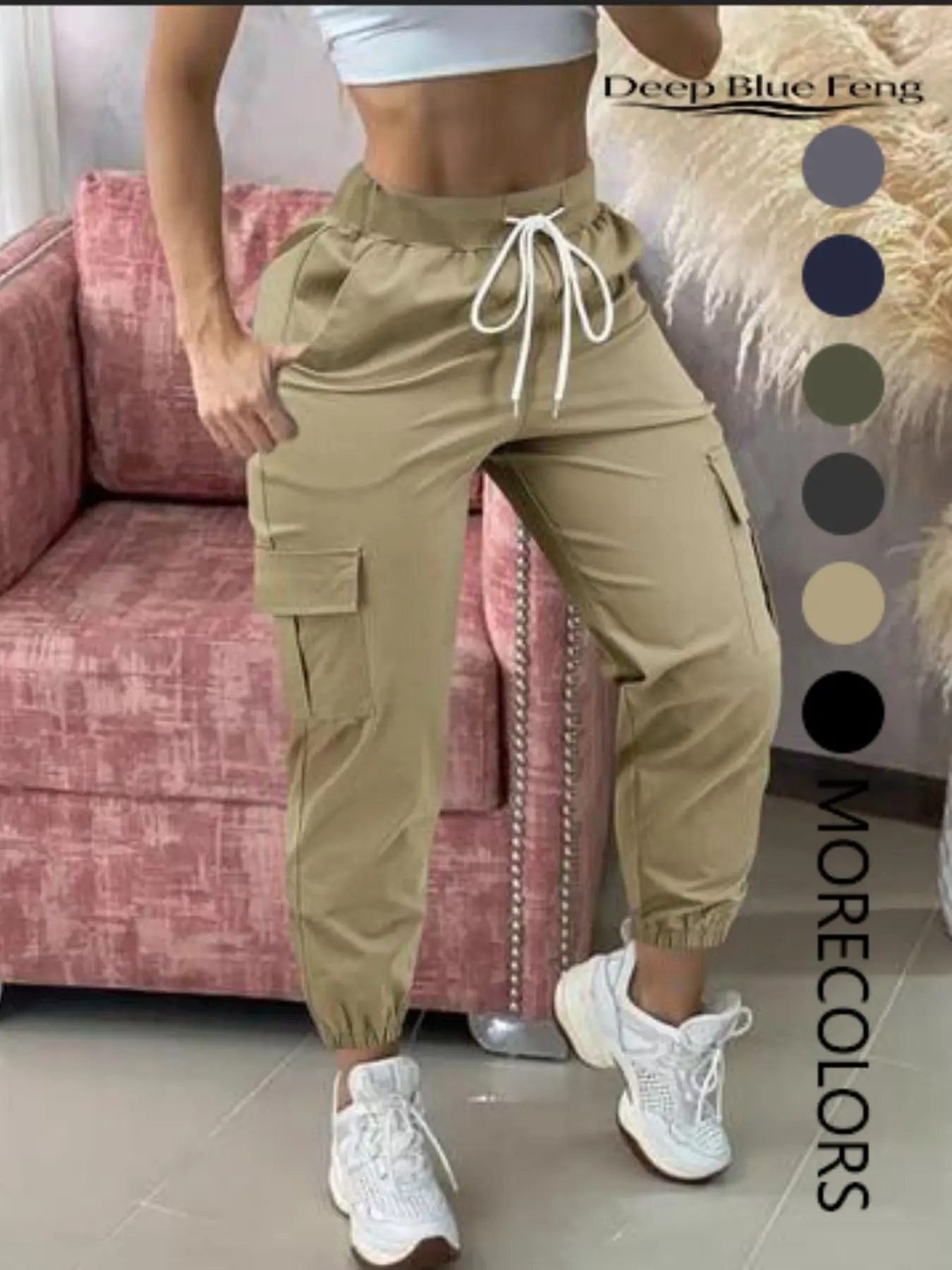 Women's Plain Drawstring Waist Cargo Pants, Casual Pocket Trousers for Daily Wear, Ladies Bottoms for All Seasons, Casual Fit Pants, Casual Style Bottoms