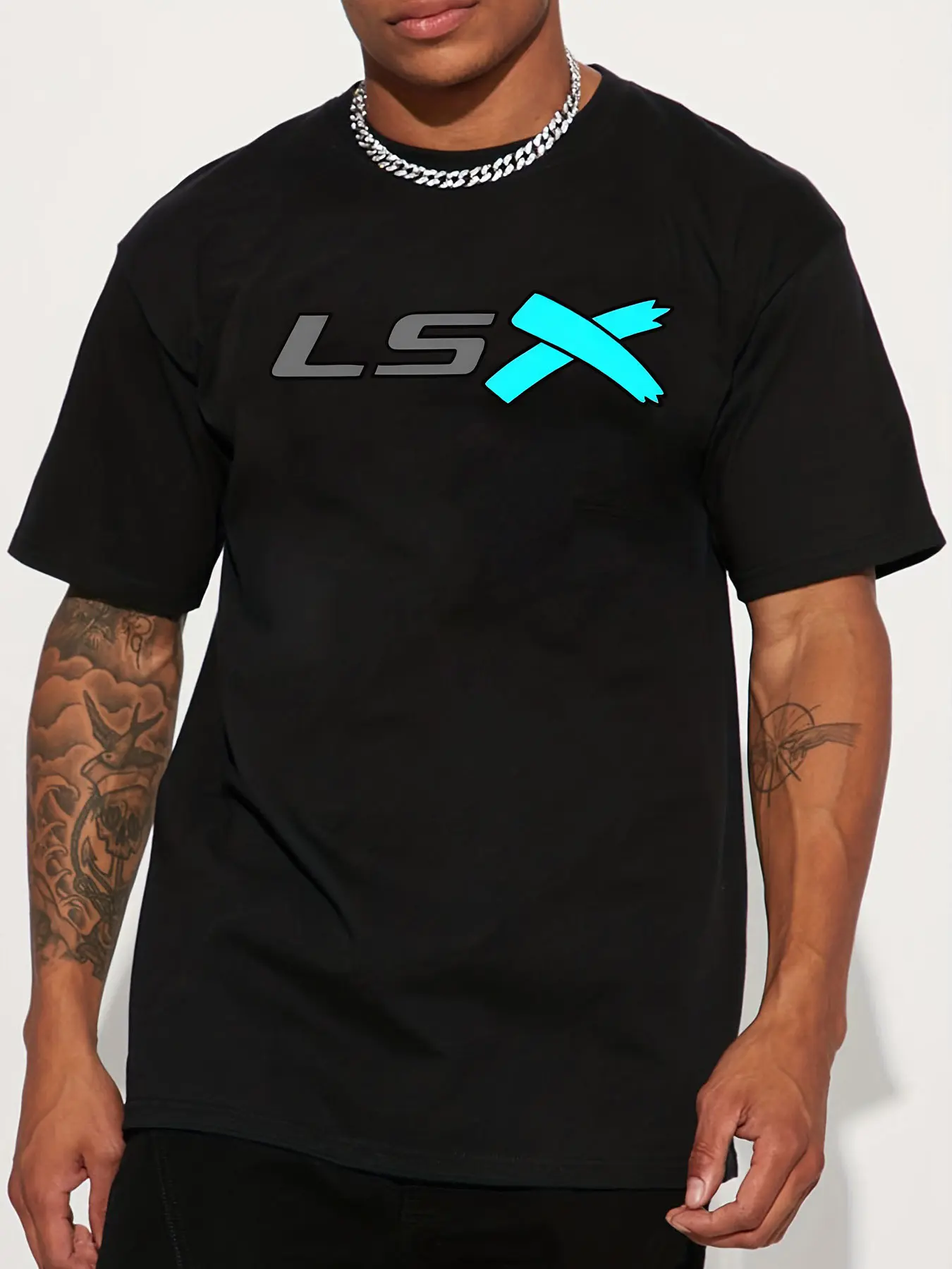 LSX Logo Print American Streetwear Brand Design Graffiti Letter T-Shirt, Polyester, Crew Neck, Slight Stretch, Casual Style, Regular Fit, Summer Wear, for Me