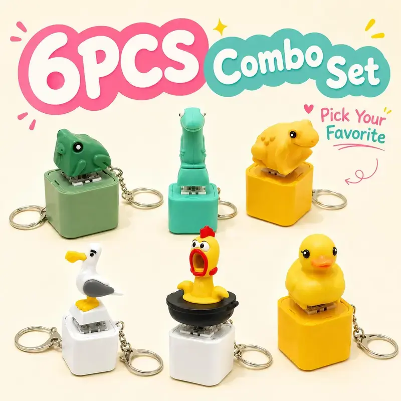 6 PCS Cool Compact Fidget Keyring Set - Keychain Accessory, Press & Pop Bag Charms with Coqui Frog & Funny “MINE!” Tones, Quirky Leisure Recreation Gifts, Pocket Size Desk Buddies