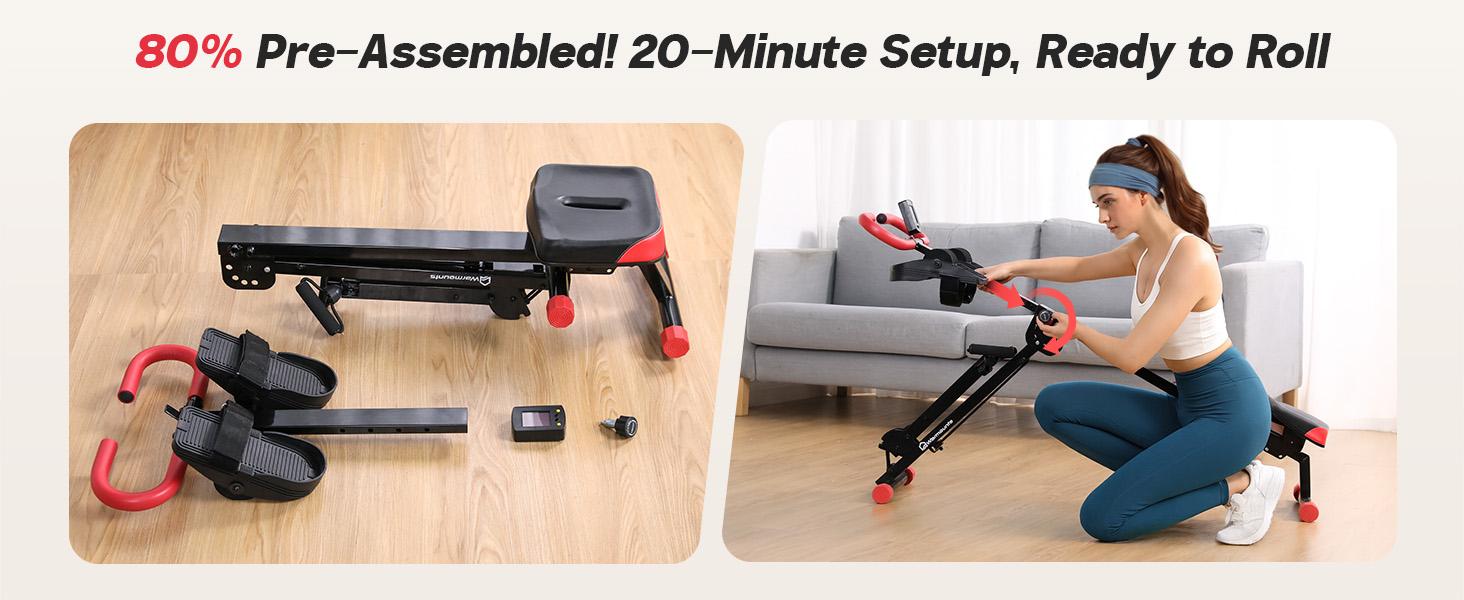 WARMOUNTS Rowing Machine, 4 in 1 Adjustable Ab Machine with 4 Levels and 4 Heights, Foldable Rowing Machine for Home Gym with LCD Display, 266lbs Weight Capacity