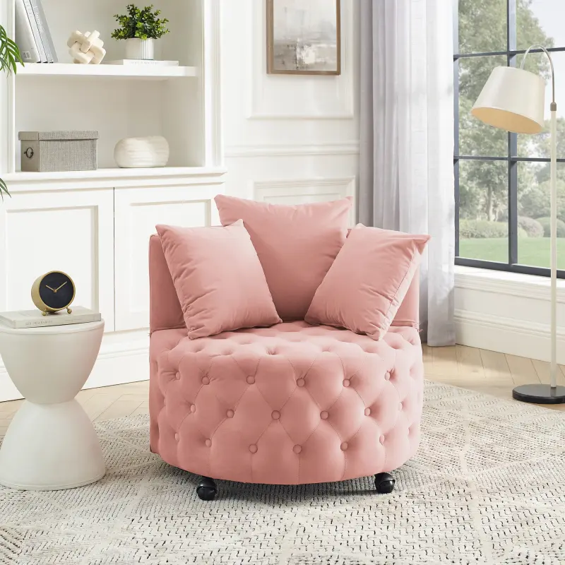 【Bellemave】Velvet Upholstered Swivel Chair for Living Room, with Button Tufted Design and Movable Wheels, Including 3 Pillows, Pink