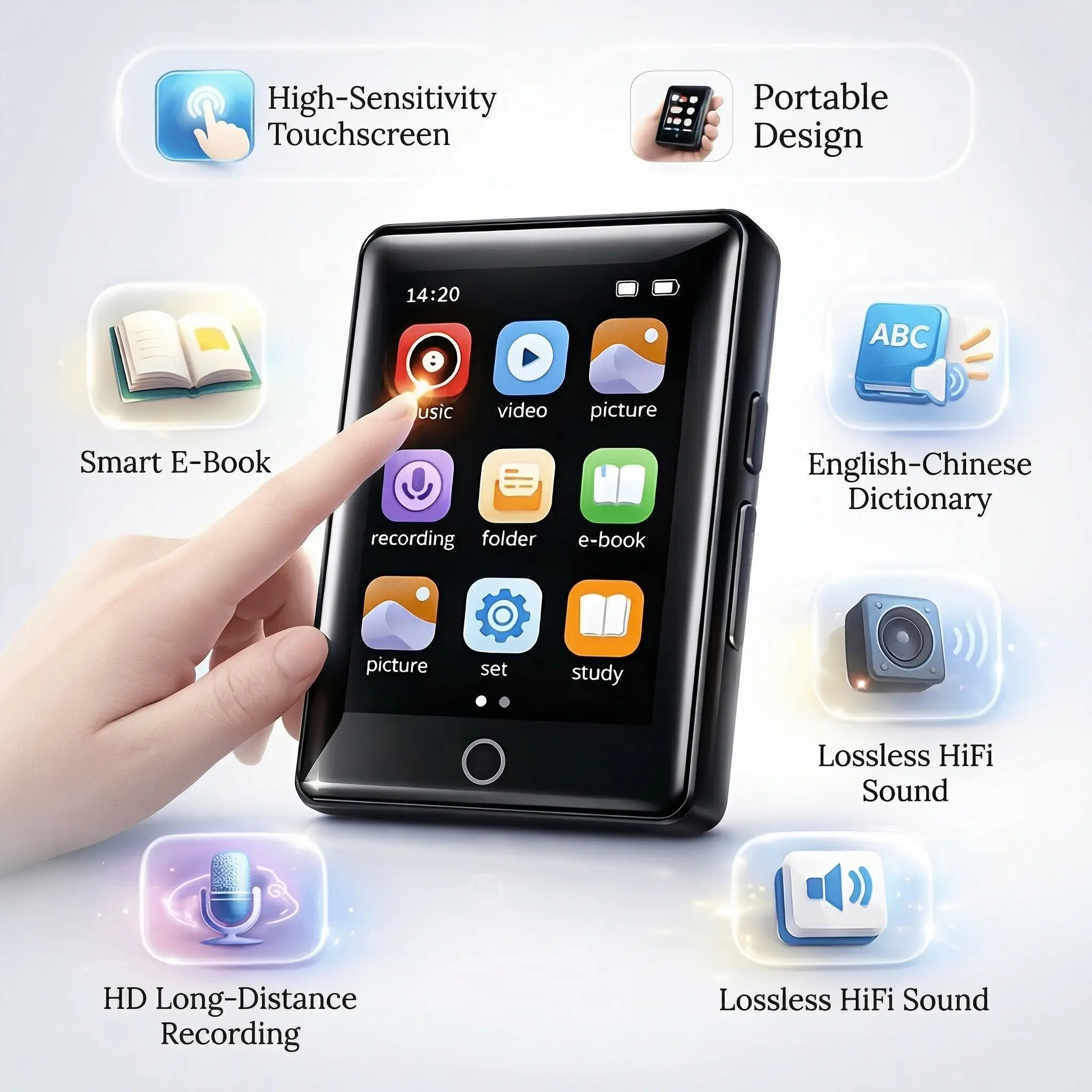 Compact Bluetooth MP3/MP4 Player with Full Touchscreen, Hi-Fi Music, Mini Speaker, Video Playback, E-Book Reading, HD Recording, 128GB TF Card Expansion Support (Card Not Included) - Battery-Powered Portable Cool Tech Gadget for Hiking, Radio