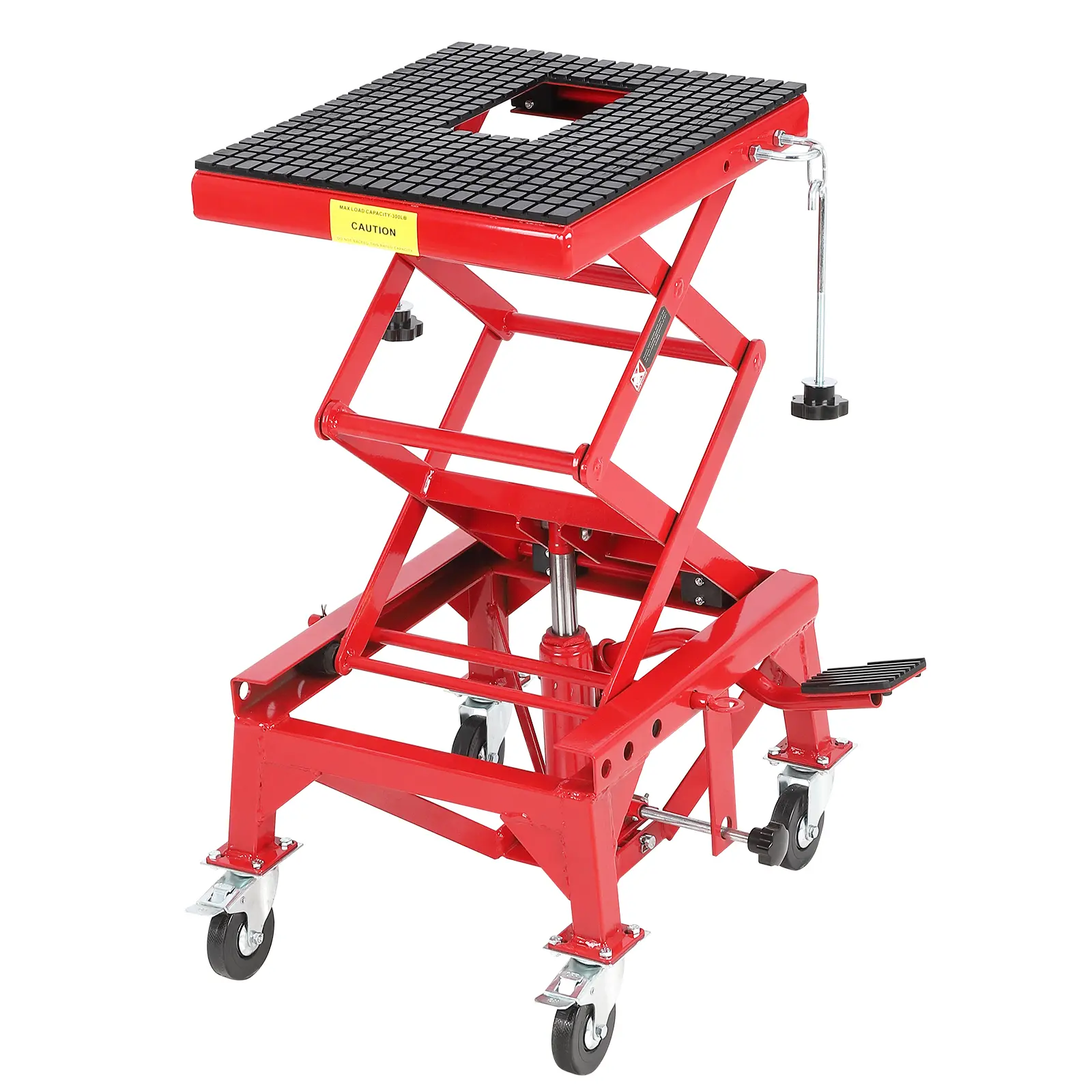 350 lbs Heavy Duty Hydraulic Motorcycle Scissor Lift Jack Table – Wide Steel Deck – 4 Wheels – Foot Operated Hoist Stand – Adjustable Height Platform for Motorcycle, ATV, Dirt Bike, UTV – Workshop Use – Red 350 lbs Heavy Duty Hydraulic Motorcycle Scissor