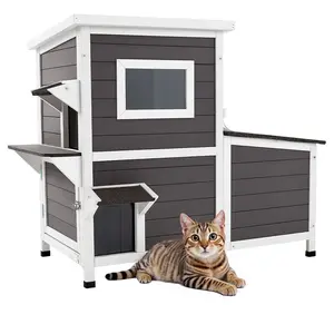 Outdoor Cat House, Two-Story Wooden Shelter for Three Outside Cats in Winter, Elevated Feral Kitty Shelter with Stairs, Clear Window and Flap Doors, Weatherproof Outdoor Cat Condo for Garden, 42 × 25 × 34 Inches