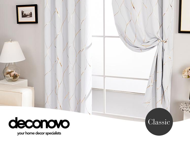 Blackout Curtains (2 Panels)  Deconovo Gold Wave Foil Print Grommet Drapes, Room Darkening Curtain, Window Panels for Living Room