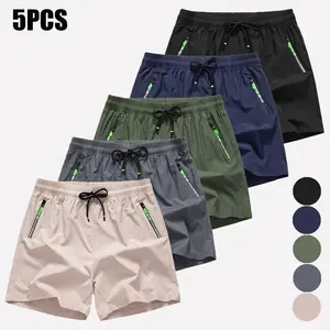 Men’s 5-Pack Summer Athletic Shorts, Solid Color Stretch Drawstring Zip Pocket Bermuda Shorts, Suitable for Summer Sports and Fitness Wear