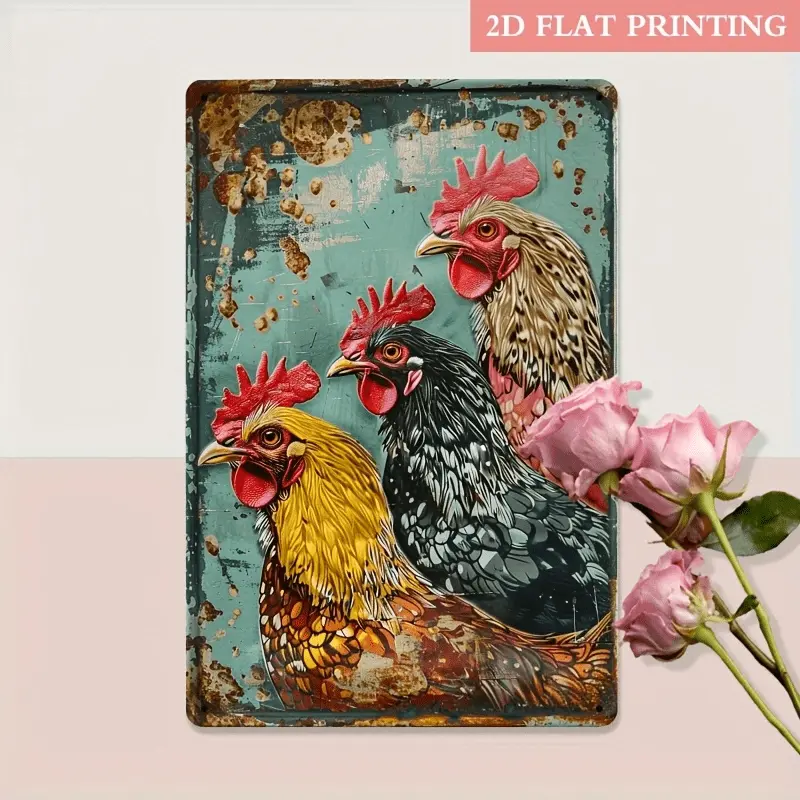 2D Flat, 2D Flat Stylish Chicken Vintage Metal Tin Sign, Indoor Outdoor Decorative Hanging Tin Painting, Wall Room Residential Bedroom Office Den Restaurant Cafe Door Garage Decoration 1pc 8x12 inches, 2D Flat, Perfect for Room Decor